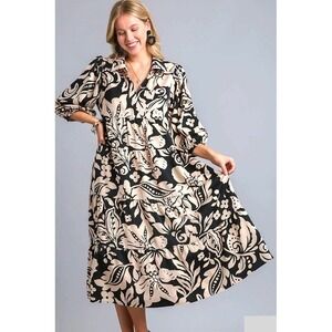 Umgee Tiered Midi Dress Womens L Black Tan Boho Flowy Floral Tropical Resort